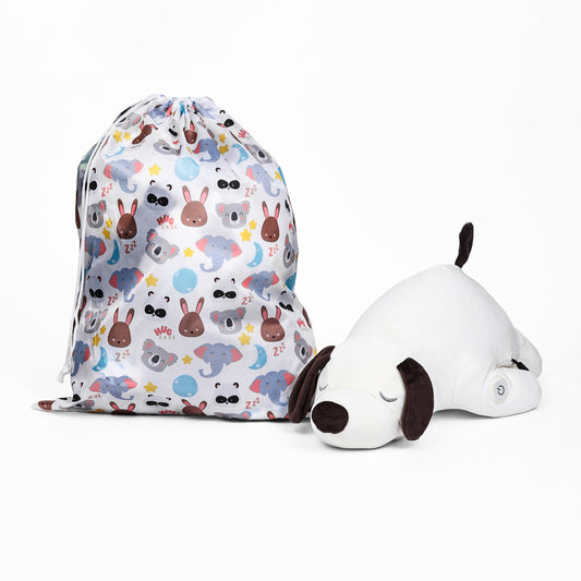 Drawstring bag with animal pattern and plush dog toy on a white background